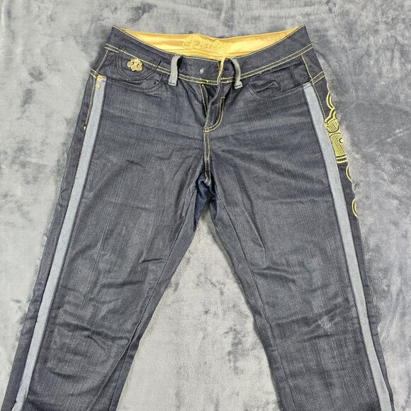 Dereon Jeans Womens 5/6 Dark Wash Skinny Snap Leg Gold Embroidered Logo - Picture 13 of 16